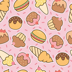 Vibrant and whimsical ice cream illustrations in a cute, hand-drawn flat style. This seamless pattern brings cheerful and playful vibes, perfect for summer designs and festive celebrations.