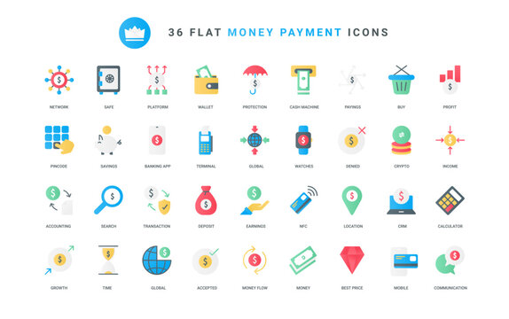 Virtual wallet and banking mobile app, piggy bank and protection for transfers and earnings. Digital payment, money payment and transaction trendy flat icons set vector illustration