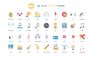 Musical instruments symbols and vinyl discs for fans, stereo speakers and headphones to listen studio sound, interface playlist buttons and notes. Music trendy flat icons set vector illustration