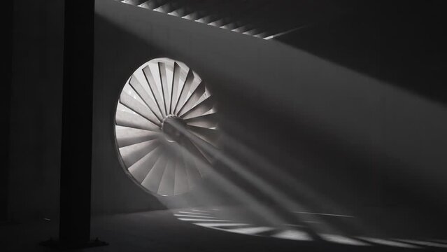 animation of concrete garage with rotating turbine filled with light rays