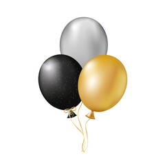 A bouquet of realistic 3d balloons of gold, black color on a festive background.Stylish poster, cover, banner, website, mobile application, card for greetings, invitations, printing