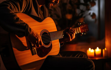 Fototapeta premium Young man playing guitar created with Generative AI technology