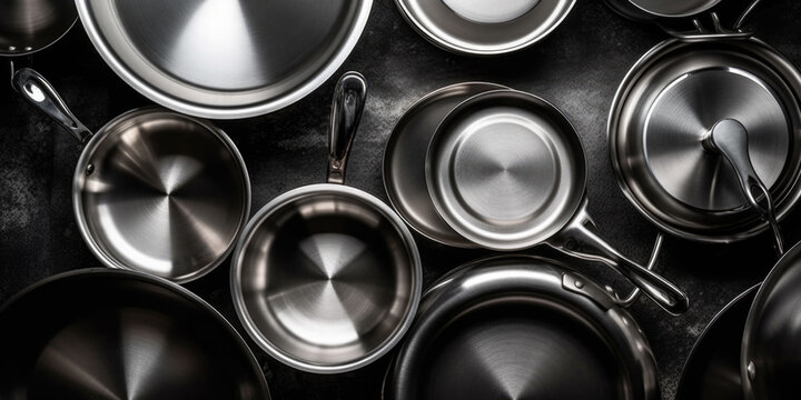 Inox cooking pans and pots, top view 