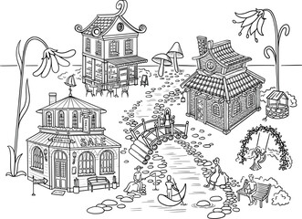 Black and white coloring book page with fairy tale elf village, with different houses, flowers and landscape