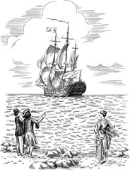 Sailing vessel sketch, vintage art poster, black and white, Vector illustration of historical ship and people