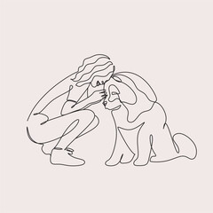 Vector illustration line art girl and dog hugging together. Friendship between human and dog