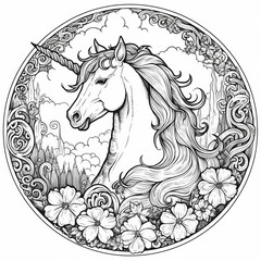 Obraz na płótnie Canvas Children's coloring with a unicorn, black and white graphics with a curly pattern. The development of motor skills of children with drawings. Generative AI 