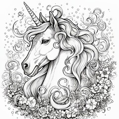 Children's coloring with a unicorn, black and white graphics with a curly pattern. The development of motor skills of children with drawings. Generative AI
