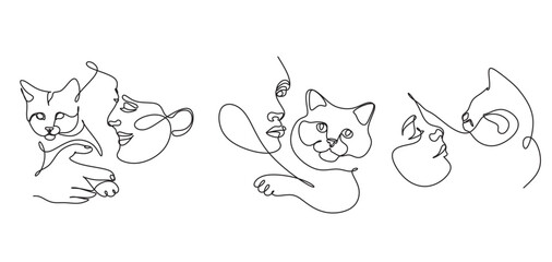 Woman with her pet cat line art vector illustration isolated.  Pet owner hugs cat with love. Friendship between human and cat