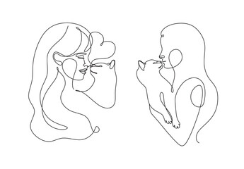 Woman with her pet cat line art vector illustration isolated.  Pet owner hugs cat with love. Friendship between human and cat