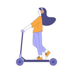 Young Woman Riding Scooter in Headphones Kicking the Ground Vector Illustration