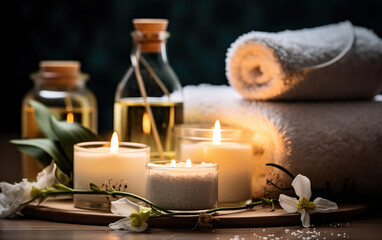 Scented candles, plush towels, and bath salts at spa created with Generative AI technology