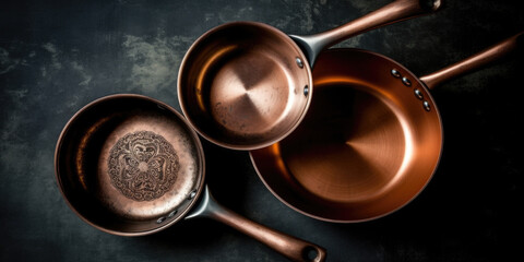 Copper pans over dark background