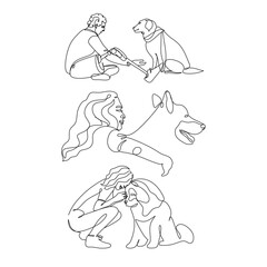 Vector illustration line art girl and dog hugging together. Friendship between human and dog
