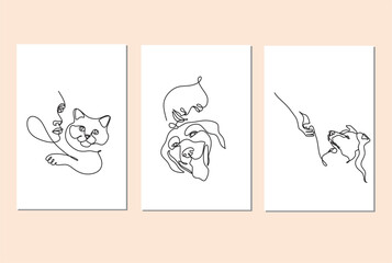 Friendships between humans and animals in line art style vector. Cat or dog with human continuous line minimalist logo. 