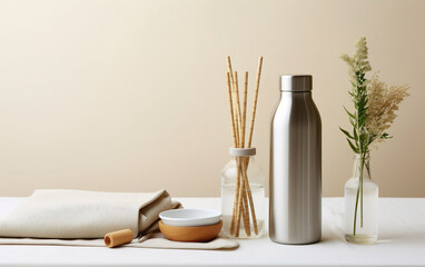 Zero waste lifestyle scene with reusable bottles, cloth napkins, and metal straws created with Generative AI technology