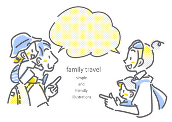夏休みの家族旅行　情報に注目する家族　ポップでお洒落な線画イラスト