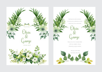 Green leaf with white flower floral vector flower wedding invitation template with aesthetic border watercolor