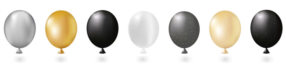 A set of realistic 3d balloons in gold, black, white, metallic gray and transparent colors.Stylish set for your design, print, invitation, background or icon