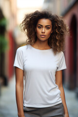 Fototapeta na wymiar Female model showcasing her toned arms in a perfectly fitted plain white t-shirt. She exudes confidence as she stands before a blurred background with gentle daylight peeking through