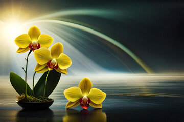 Discover the enchanting allure of nature with our stunning yellow orchid flowers captured against a sleek black backdrop. Radiating vibrant hues and delicate petals, this captivating image showcases s