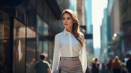 Fototapeta premium A poised businesswoman in a sophisticated blouse and pencil skirt, effortlessly navigating through a bustling city, representing ambition and success Generative AI