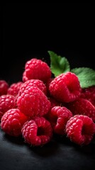 vertical image of close up fresh raspberries on a black background. generated ai