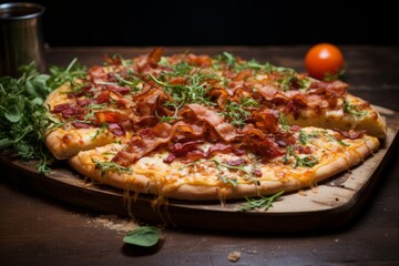 Obraz na płótnie Canvas A bacon pizza served on a pizza board. Generative AI