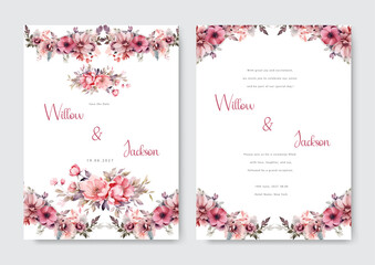 Fototapeta na wymiar dark pink rose flower floral vector romantic dry flower wedding invitation template with aesthetic border watercolor