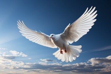 Fototapeta premium White dove flying blue sky background. Generative AI