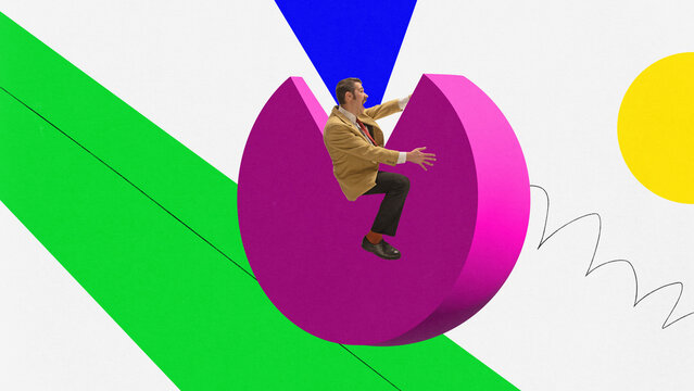 Contemporary art collage with astonished shocked mature man riding on huge 3D geometric element. Concept of business, personal career, ad, sales, achievement - Powered by Adobe