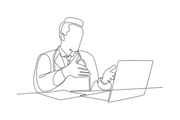 Fototapeta na wymiar Continuous one line drawing Online doctor and telemedicine concept. Single line draw design vector graphic illustration.