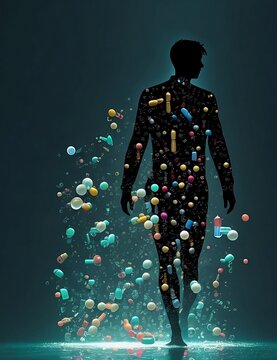 Pills and molecules floating around silhouette of man