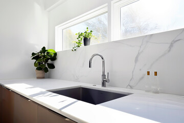 White minimalist kitchen countertop in natural light.