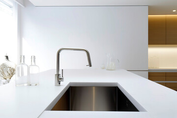 White minimalist kitchen countertop in natural light.