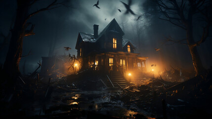 Haunted house with broken windows and cobwebs, surrounded by fog and bats on a spooky Halloween night.