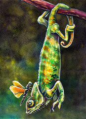 Drawing of a funny chameleon lizard with a butterfly hanging on its tail. Watercolor drawing on a dark background.  © Viktoriia