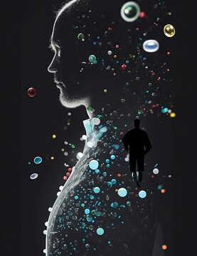 Pills and molecules floating around silhouette of man