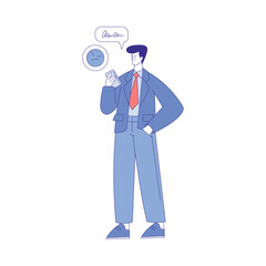 Social Media with Man Character Standing with Smartphone Having Grumpy Face Vector Illustration