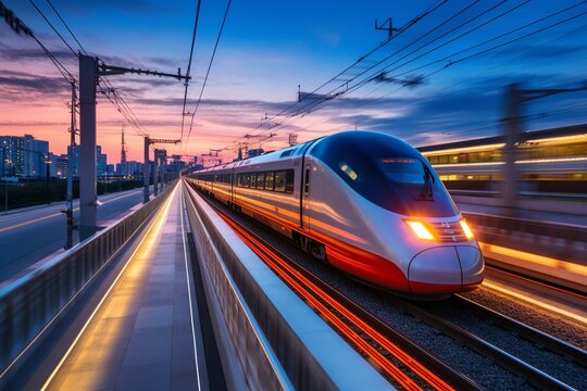 China's sleek high-speed train, a symbol of modernization and technological progress, streaking across the expansive railway.