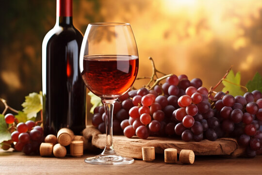 drink wine bottle food alcohol grape glass beverage winery still background. Generative AI.