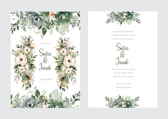dark green leaf and green white rose flower floral vector hand drawn floral wedding invitation template watercolor