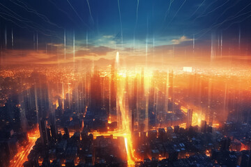 Obraz premium digital painting of the bustling city illuminated by a radiant tapestry of lights, showcasing its vibrant spirit and endless possibilities. generative AI.