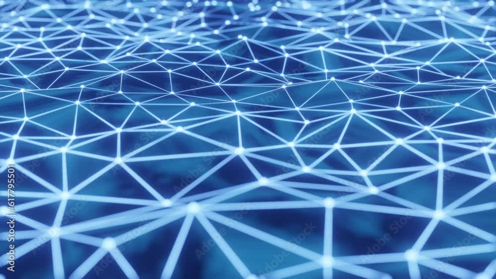 Poster abstract digital plexus style loopable animation. futuristic digital blue particles wave background.