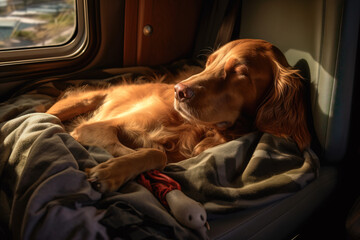 Adorable dog sleeping at window in a camper van 