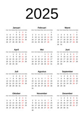 2025 Calendar year vector illustration. The week starts on Sunday. Annual calendar 2025 template. Calendar design in black and white colors, Friday in red colors. Vector, made with Inkscape