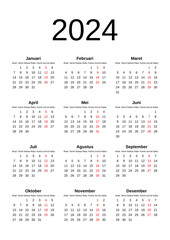2024 Calendar year vector illustration. The week starts on Sunday. Annual calendar 2024 template. Calendar design in black and white colors, Friday in red colors. Vector, made with Inkscape
