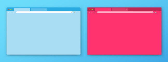 Fototapeta na wymiar Browser windows. A set of realistic empty blue and pink browser windows with a toolbar, a search bar and a shadow on a blue gray background. 