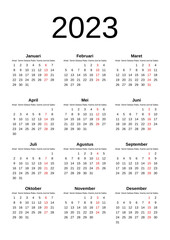 2023 Calendar year vector illustration. The week starts on Sunday. Annual calendar 2023 template. Calendar design in black and white colors, Friday in red colors. Vector, made with Inkscape