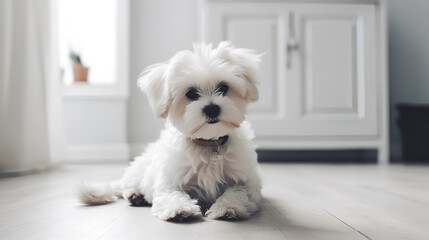 Cute white Maltese dog lies on the white floor in a light home interior. Ai generative. - obrazy, fototapety, plakaty